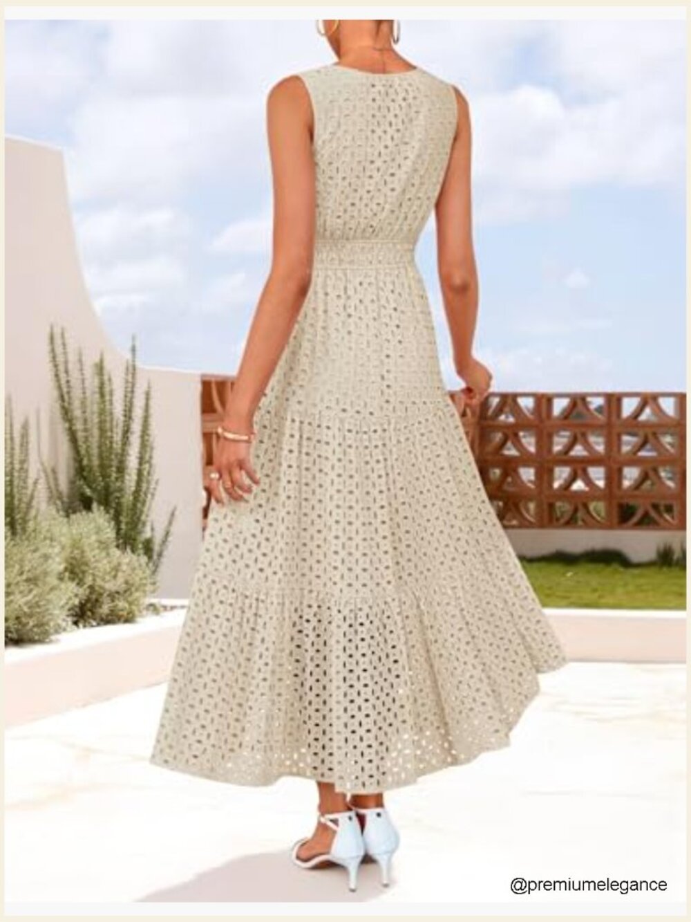 Sleeveless Maxi Dress with Eyelet Embroidery, V-Neck, Elastic Waist, Pockets - Picture 6 of 7